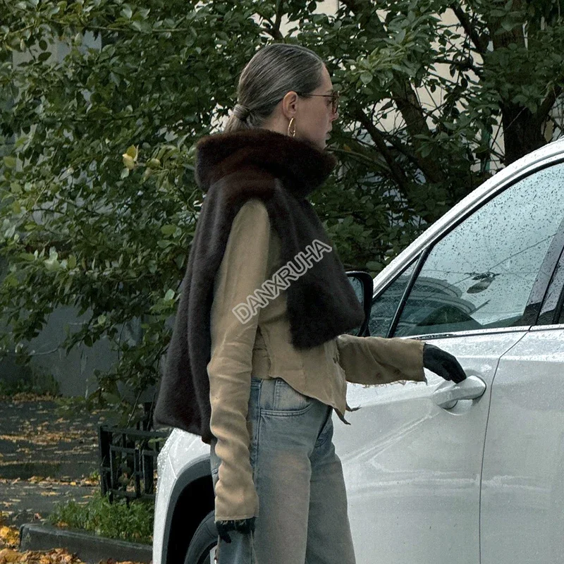 DANXRUHA 2026 Fashion Women's Faux Fur Coat Artificial Sable Vest Autumn Winter Turtleneck Eco Mink Fur Tank Tops Sleeveless