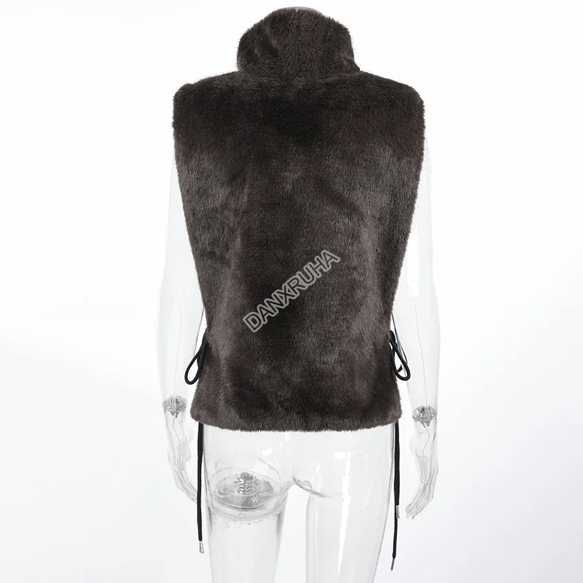 DANXRUHA 2026 Fashion Women's Faux Fur Coat Artificial Sable Vest Autumn Winter Turtleneck Eco Mink Fur Tank Tops Sleeveless