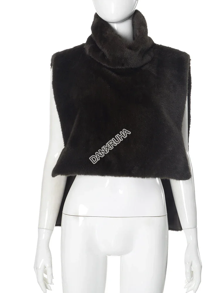 DANXRUHA 2026 Fashion Women's Faux Fur Coat Artificial Sable Vest Autumn Winter Turtleneck Eco Mink Fur Tank Tops Sleeveless