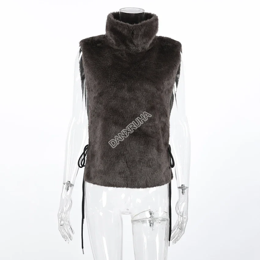 DANXRUHA 2026 Fashion Women's Faux Fur Coat Artificial Sable Vest Autumn Winter Turtleneck Eco Mink Fur Tank Tops Sleeveless