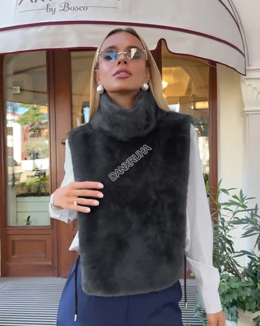 DANXRUHA 2026 Fashion Women's Faux Fur Coat Artificial Sable Vest Autumn Winter Turtleneck Eco Mink Fur Tank Tops Sleeveless