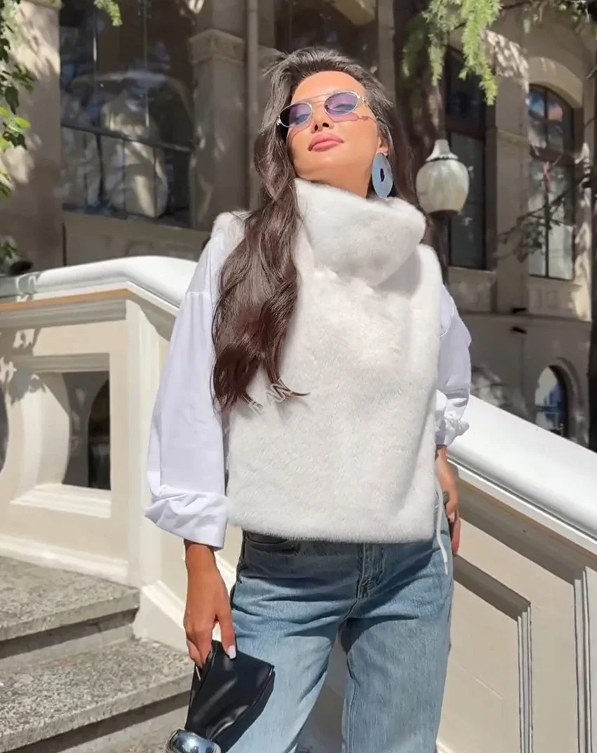 DANXRUHA 2026 Fashion Women's Faux Fur Coat Artificial Sable Vest Autumn Winter Turtleneck Eco Mink Fur Tank Tops Sleeveless