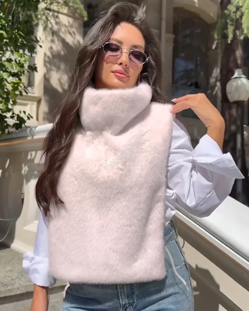 DANXRUHA 2026 Fashion Women's Faux Fur Coat Artificial Sable Vest Autumn Winter Turtleneck Eco Mink Fur Tank Tops Sleeveless