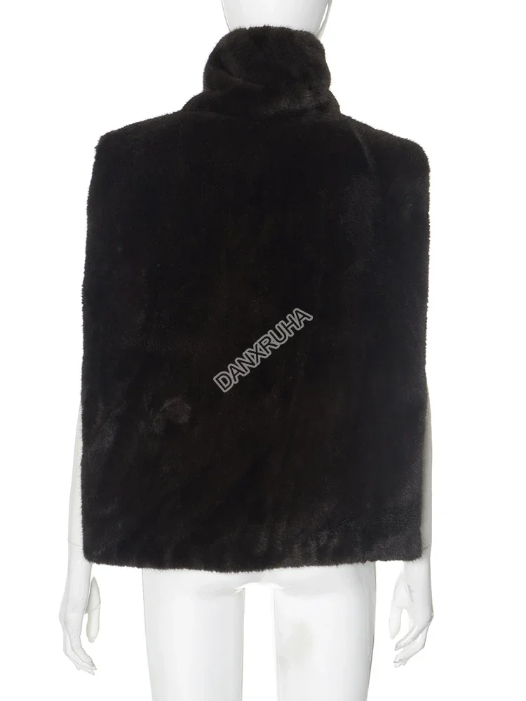 DANXRUHA 2026 Fashion Women's Faux Fur Coat Artificial Sable Vest Autumn Winter Turtleneck Eco Mink Fur Tank Tops Sleeveless