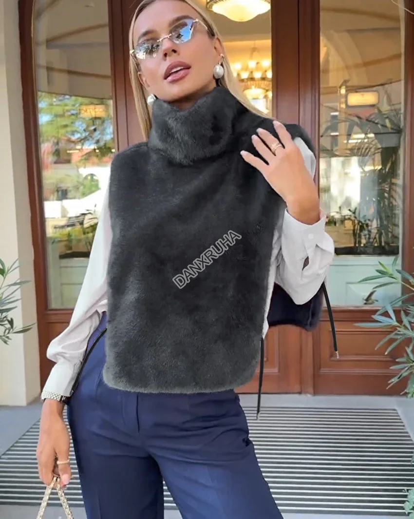 DANXRUHA 2026 Fashion Women's Faux Fur Coat Artificial Sable Vest Autumn Winter Turtleneck Eco Mink Fur Tank Tops Sleeveless
