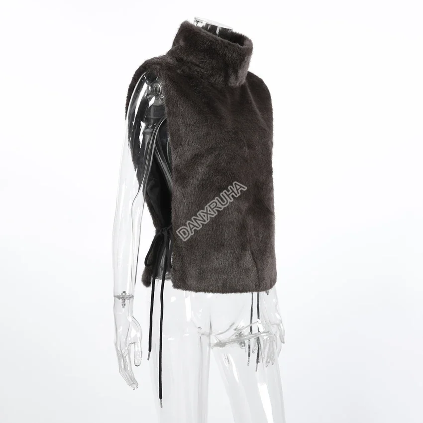 DANXRUHA 2026 Fashion Women's Faux Fur Coat Artificial Sable Vest Autumn Winter Turtleneck Eco Mink Fur Tank Tops Sleeveless
