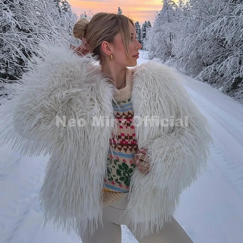 Neo Mint Winter 2025 Tassels Faux Fur Coat for Women Stylish Chic Fluffy Fur Jacket Furry Fox Fur Overcoat Girl Shaggy Outerwear