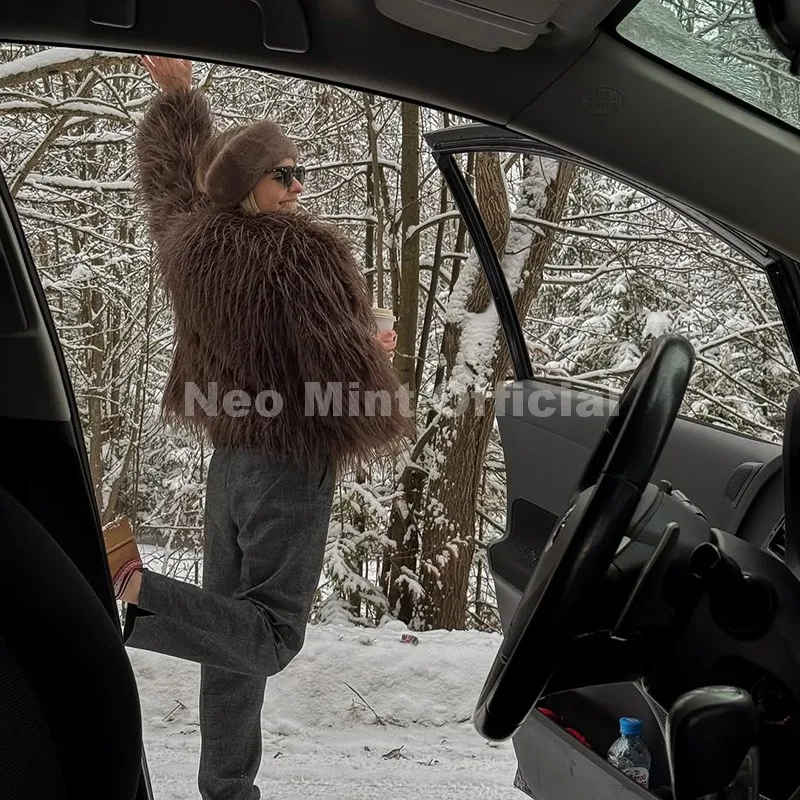 Neo Mint Winter 2025 Tassels Faux Fur Coat for Women Stylish Chic Fluffy Fur Jacket Furry Fox Fur Overcoat Girl Shaggy Outerwear
