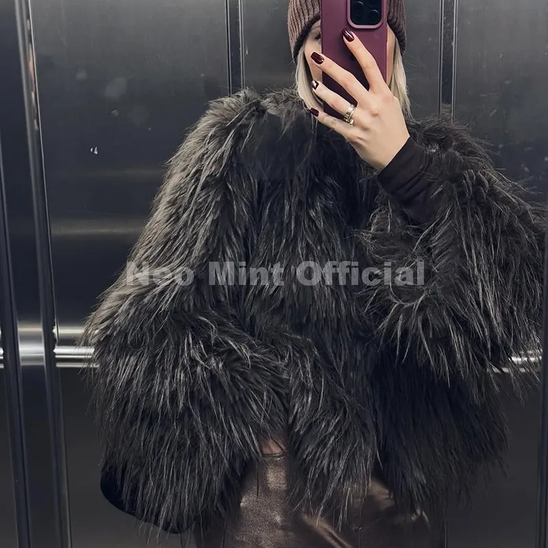 Neo Mint Winter 2025 Tassels Faux Fur Coat for Women Stylish Chic Fluffy Fur Jacket Furry Fox Fur Overcoat Girl Shaggy Outerwear