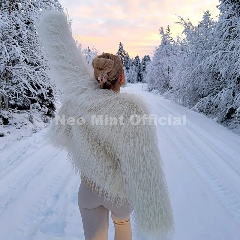 Neo Mint Winter 2025 Tassels Faux Fur Coat for Women Stylish Chic Fluffy Fur Jacket Furry Fox Fur Overcoat Girl Shaggy Outerwear