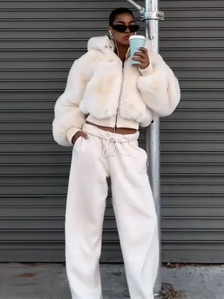 Women's Faux Fur Coats Hooded Patchwork Zipper Cropped Jackets Street Female Lantern Long Sleeves Loose Autumn Winter Outerwears
