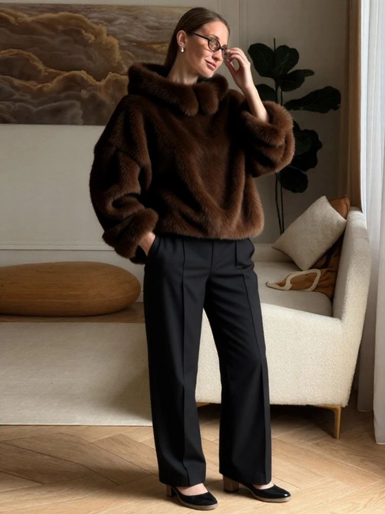 Women's Faux Fur Coats Hooded Patchwork Zipper Cropped Jackets Street Female Lantern Long Sleeves Loose Autumn Winter Outerwears