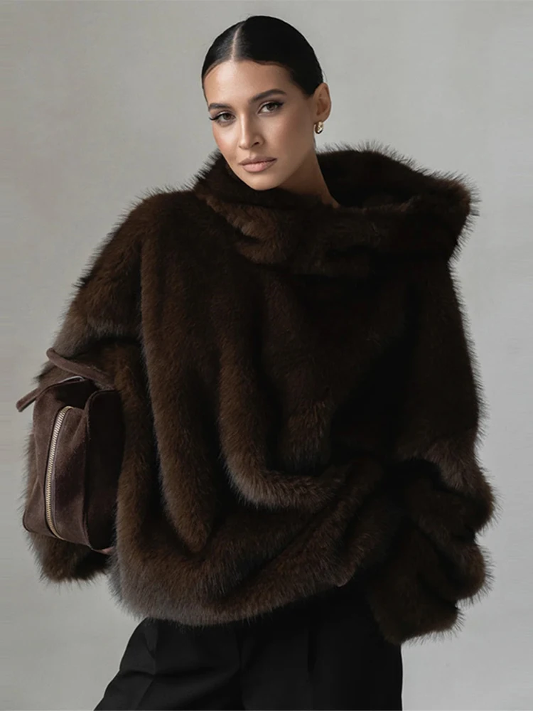 Women's Faux Fur Coats Hooded Patchwork Zipper Cropped Jackets Street Female Lantern Long Sleeves Loose Autumn Winter Outerwears