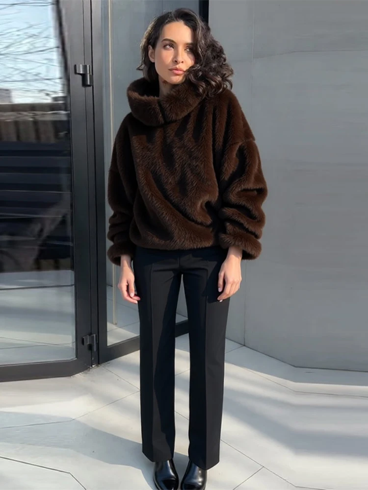 Women's Faux Fur Coats Hooded Patchwork Zipper Cropped Jackets Street Female Lantern Long Sleeves Loose Autumn Winter Outerwears