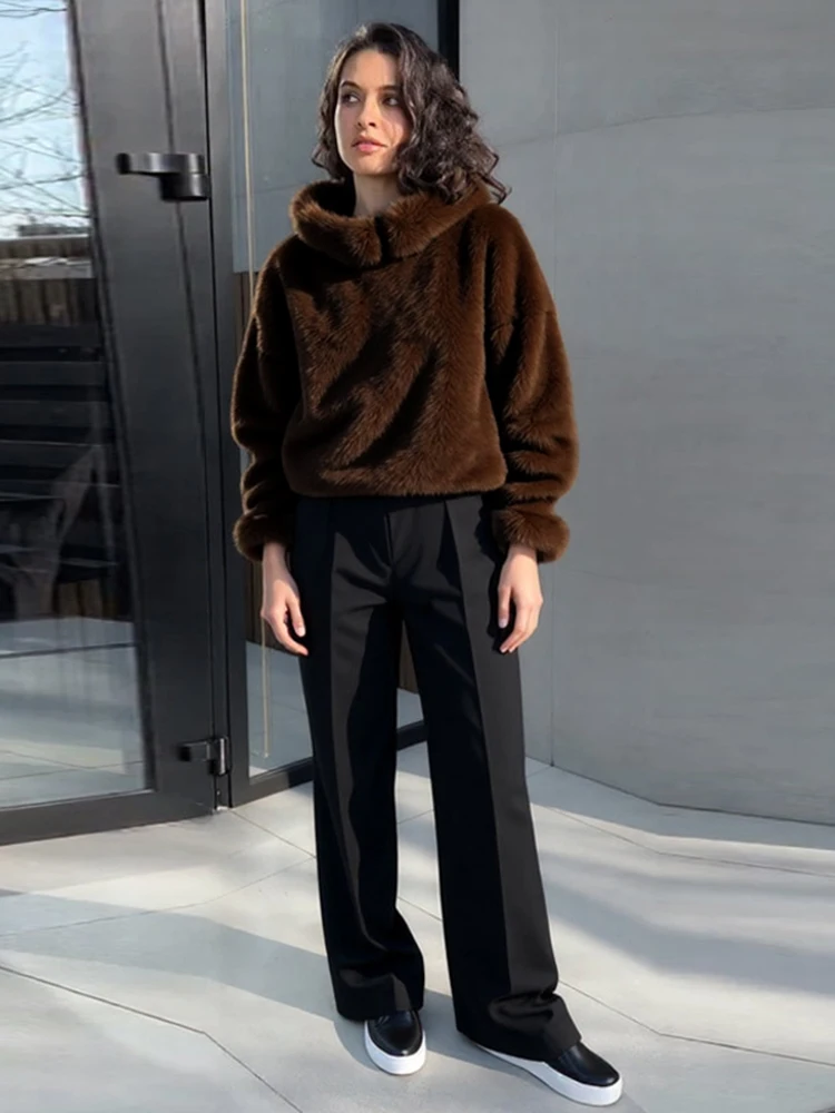 Women's Faux Fur Coats Hooded Patchwork Zipper Cropped Jackets Street Female Lantern Long Sleeves Loose Autumn Winter Outerwears