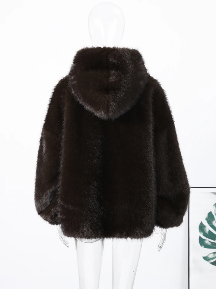 Women's Faux Fur Coats Hooded Patchwork Zipper Cropped Jackets Street Female Lantern Long Sleeves Loose Autumn Winter Outerwears