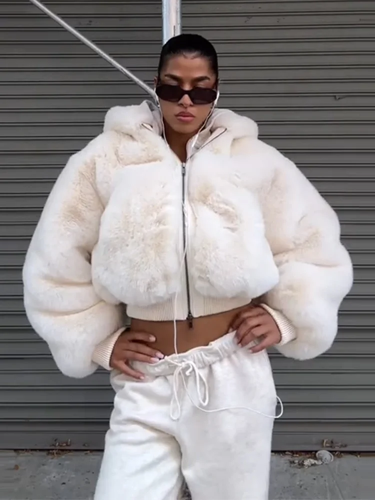 Women's Faux Fur Coats Hooded Patchwork Zipper Cropped Jackets Street Female Lantern Long Sleeves Loose Autumn Winter Outerwears