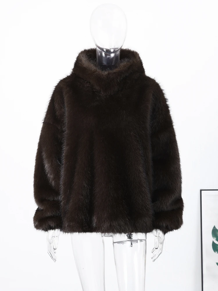 Women's Faux Fur Coats Hooded Patchwork Zipper Cropped Jackets Street Female Lantern Long Sleeves Loose Autumn Winter Outerwears