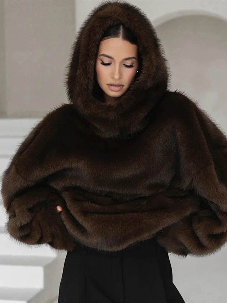 Women's Faux Fur Coats Hooded Patchwork Zipper Cropped Jackets Street Female Lantern Long Sleeves Loose Autumn Winter Outerwears