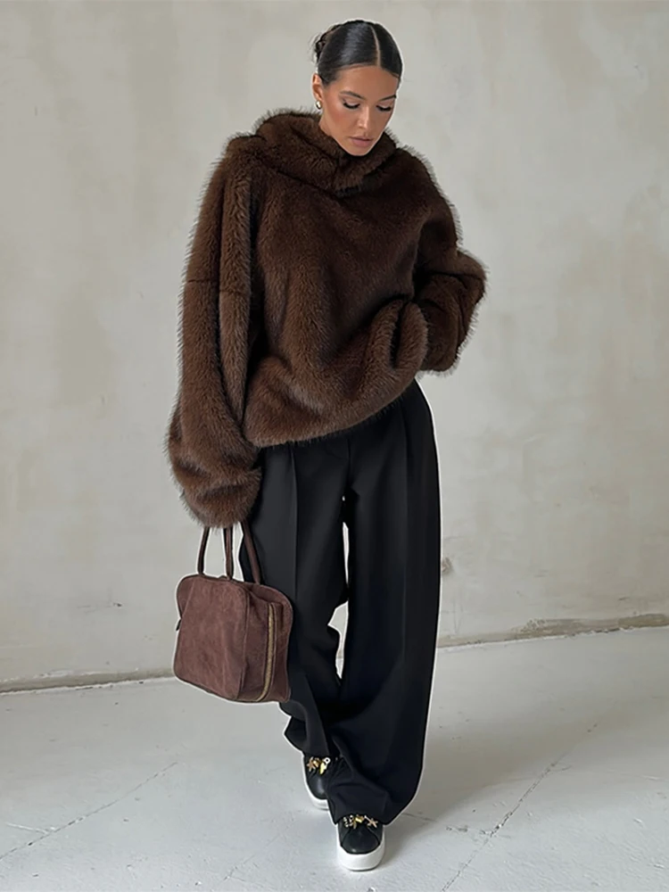Women's Faux Fur Coats Hooded Patchwork Zipper Cropped Jackets Street Female Lantern Long Sleeves Loose Autumn Winter Outerwears
