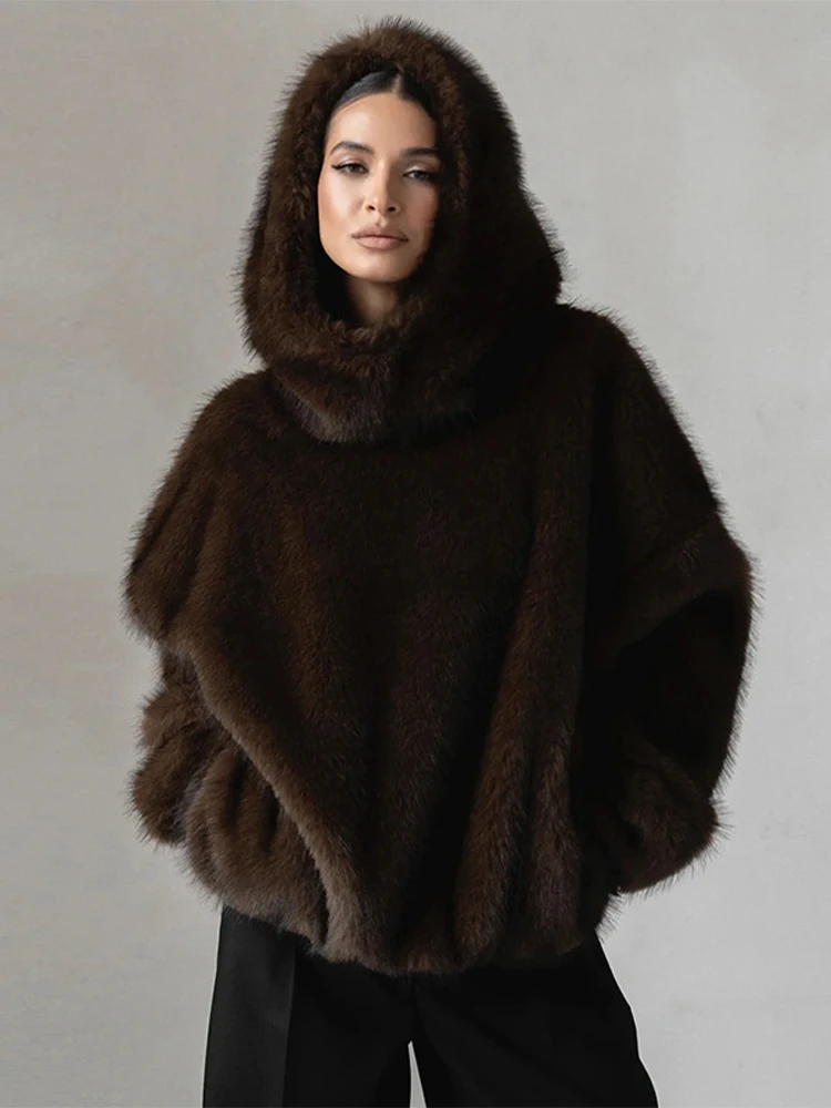 Women's Faux Fur Coats Hooded Patchwork Zipper Cropped Jackets Street Female Lantern Long Sleeves Loose Autumn Winter Outerwears