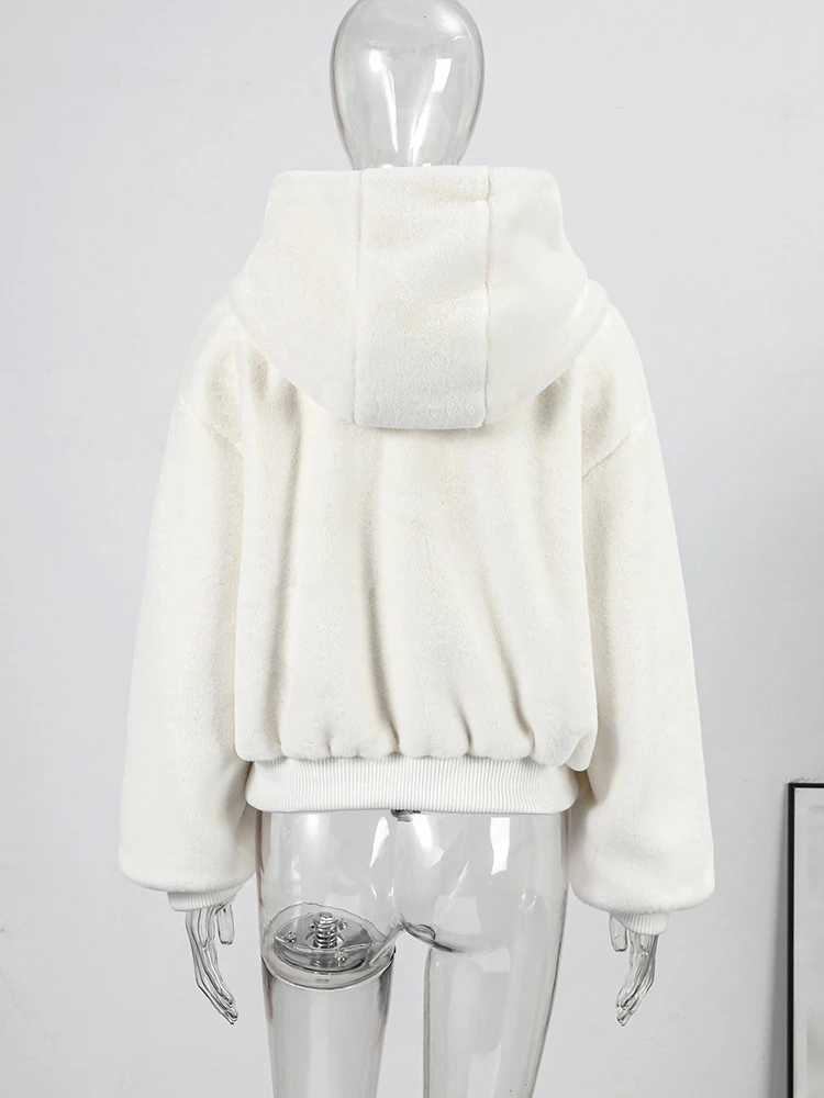 Women's Faux Fur Coats Hooded Patchwork Zipper Cropped Jackets Street Female Lantern Long Sleeves Loose Autumn Winter Outerwears