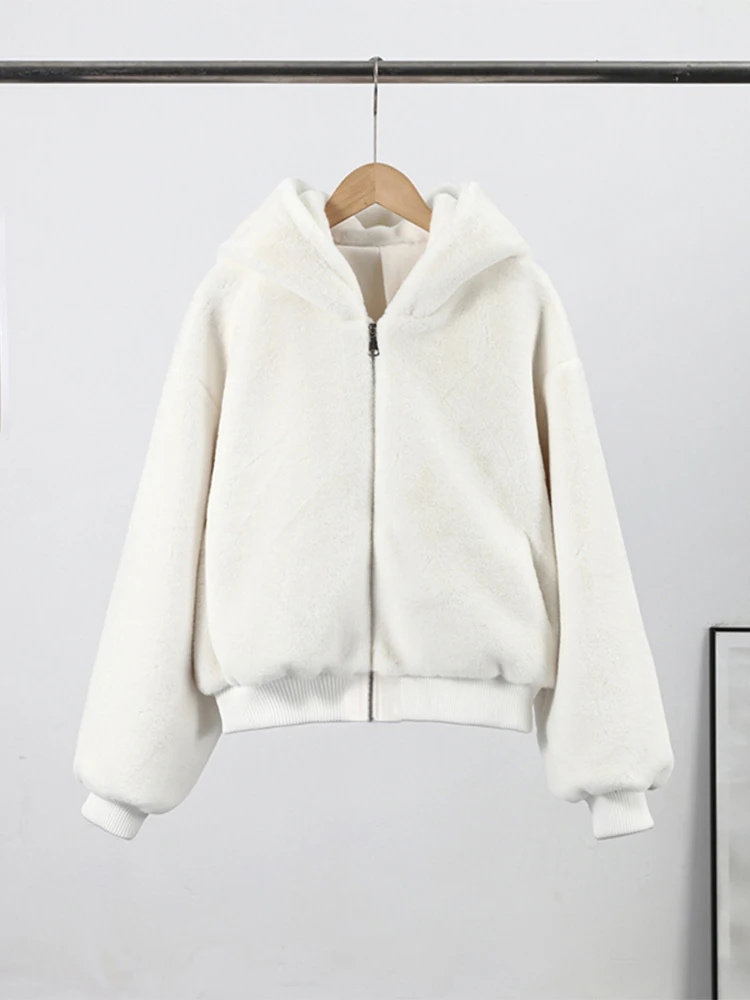 Women's Faux Fur Coats Hooded Patchwork Zipper Cropped Jackets Street Female Lantern Long Sleeves Loose Autumn Winter Outerwears