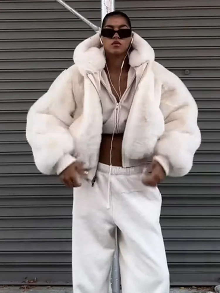 Women's Faux Fur Coats Hooded Patchwork Zipper Cropped Jackets Street Female Lantern Long Sleeves Loose Autumn Winter Outerwears