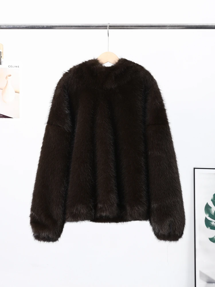 Women's Faux Fur Coats Hooded Patchwork Zipper Cropped Jackets Street Female Lantern Long Sleeves Loose Autumn Winter Outerwears
