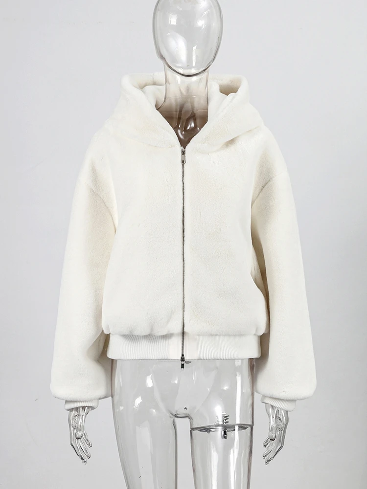 Women's Faux Fur Coats Hooded Patchwork Zipper Cropped Jackets Street Female Lantern Long Sleeves Loose Autumn Winter Outerwears