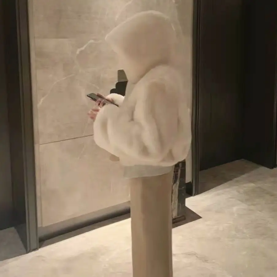 Luxury Short Faux Rabbit Fur Coat Women Crop Top Winter Thicken Warm Clothing Small Furry Hooded Faux Fur Jacket Fluffy Jackets