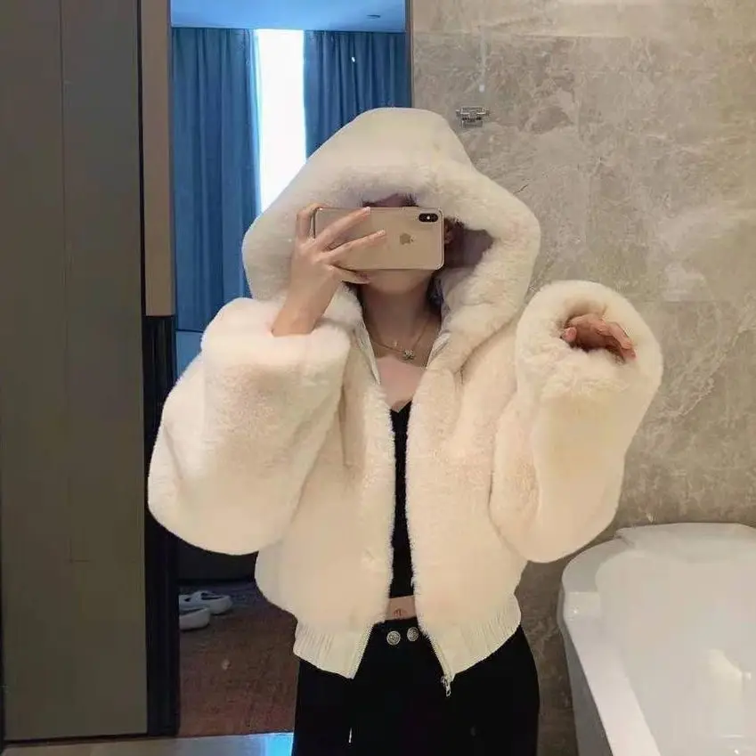 Luxury Short Faux Rabbit Fur Coat Women Crop Top Winter Thicken Warm Clothing Small Furry Hooded Faux Fur Jacket Fluffy Jackets