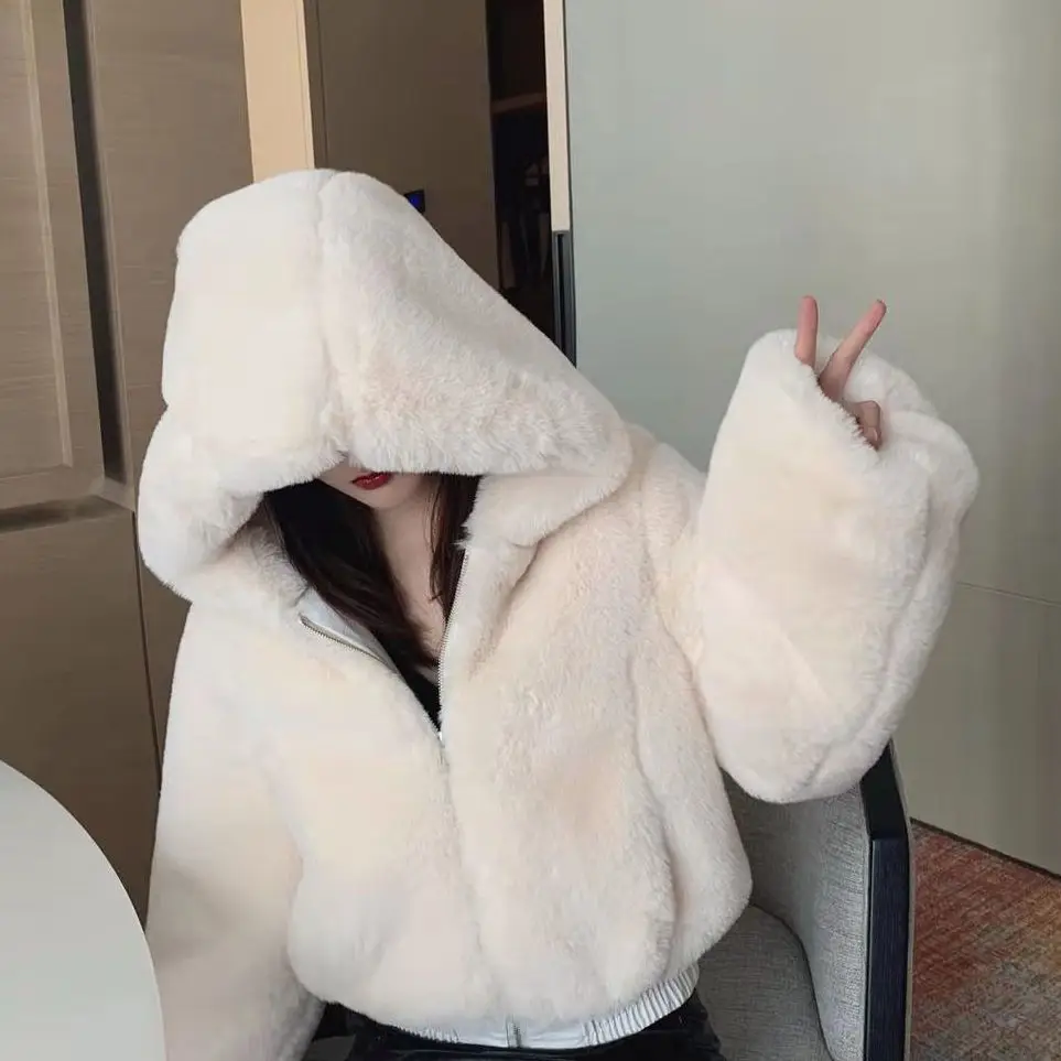 Luxury Short Faux Rabbit Fur Coat Women Crop Top Winter Thicken Warm Clothing Small Furry Hooded Faux Fur Jacket Fluffy Jackets