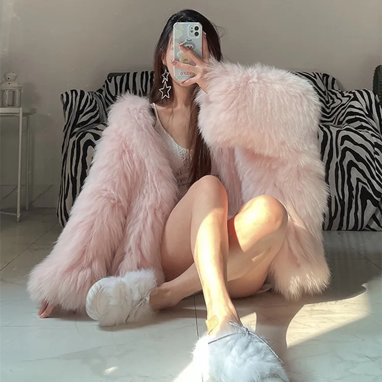 Faux Fox Fur Coats Women Fur Jackets Mid Length Blue Hooded Long Sleeves Thick Warm Fur Loose Fit Casual 2025 Autumn Winter