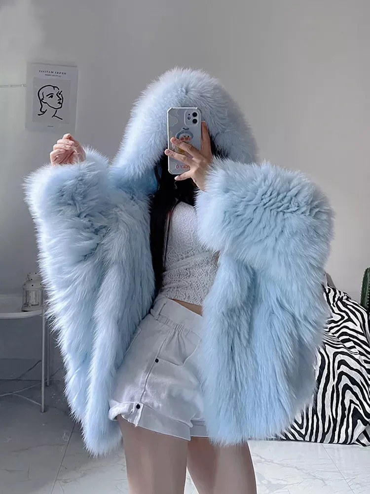 Faux Fox Fur Coats Women Fur Jackets Mid Length Blue Hooded Long Sleeves Thick Warm Fur Loose Fit Casual 2025 Autumn Winter