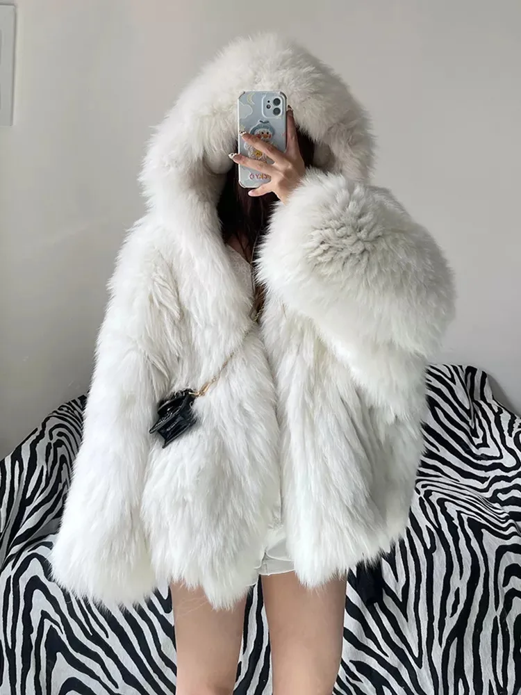 Faux Fox Fur Coats Women Fur Jackets Mid Length Blue Hooded Long Sleeves Thick Warm Fur Loose Fit Casual 2025 Autumn Winter