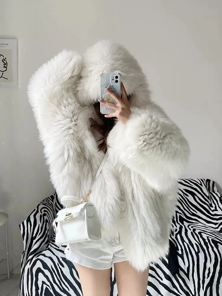 Faux Fox Fur Coats Women Fur Jackets Mid Length Blue Hooded Long Sleeves Thick Warm Fur Loose Fit Casual 2025 Autumn Winter