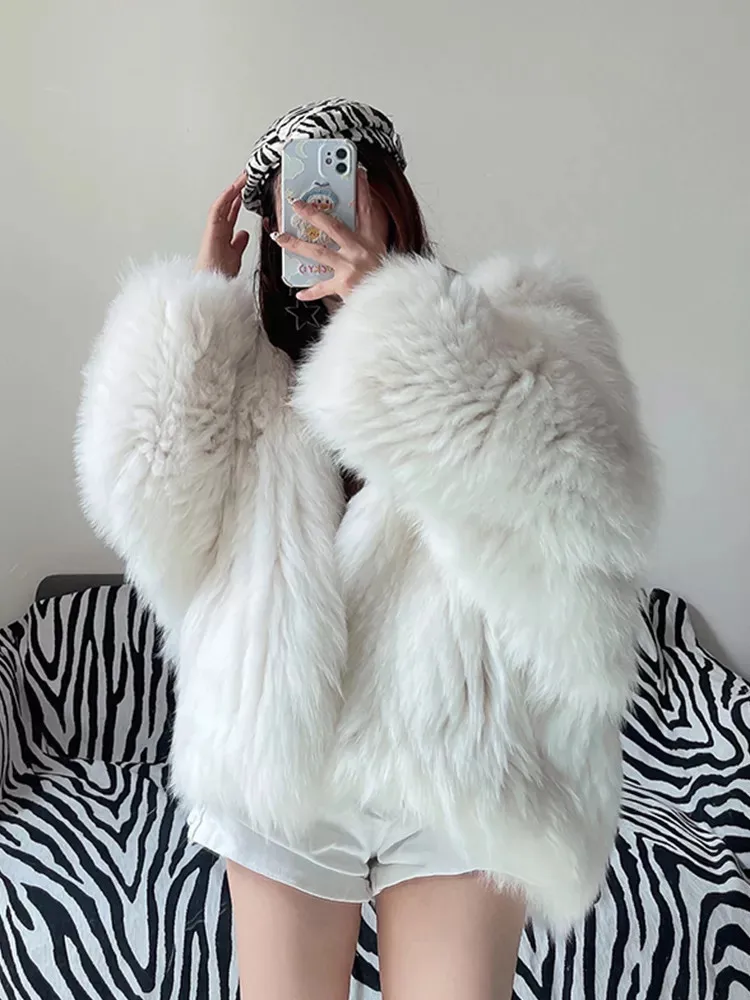 Faux Fox Fur Coats Women Fur Jackets Mid Length Blue Hooded Long Sleeves Thick Warm Fur Loose Fit Casual 2025 Autumn Winter