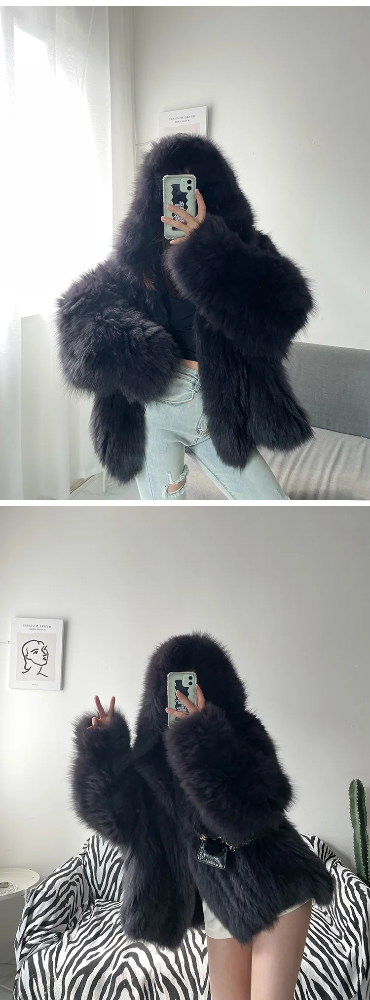 Faux Fox Fur Coats Women Fur Jackets Mid Length Blue Hooded Long Sleeves Thick Warm Fur Loose Fit Casual 2025 Autumn Winter