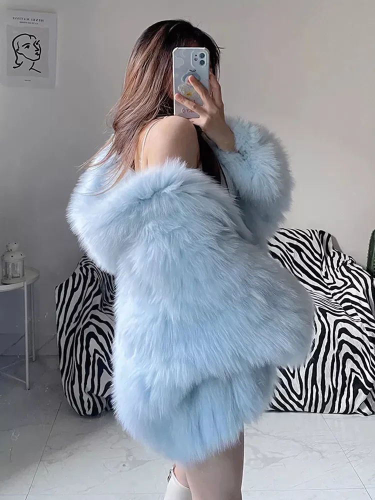 Faux Fox Fur Coats Women Fur Jackets Mid Length Blue Hooded Long Sleeves Thick Warm Fur Loose Fit Casual 2025 Autumn Winter
