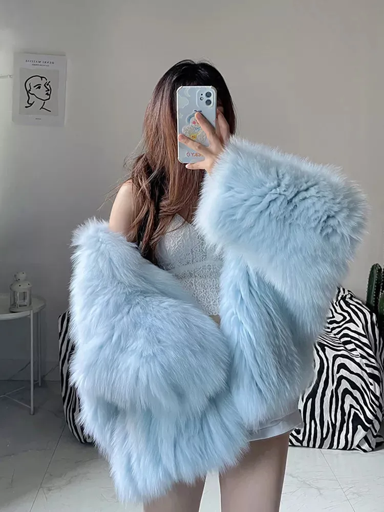 Faux Fox Fur Coats Women Fur Jackets Mid Length Blue Hooded Long Sleeves Thick Warm Fur Loose Fit Casual 2025 Autumn Winter