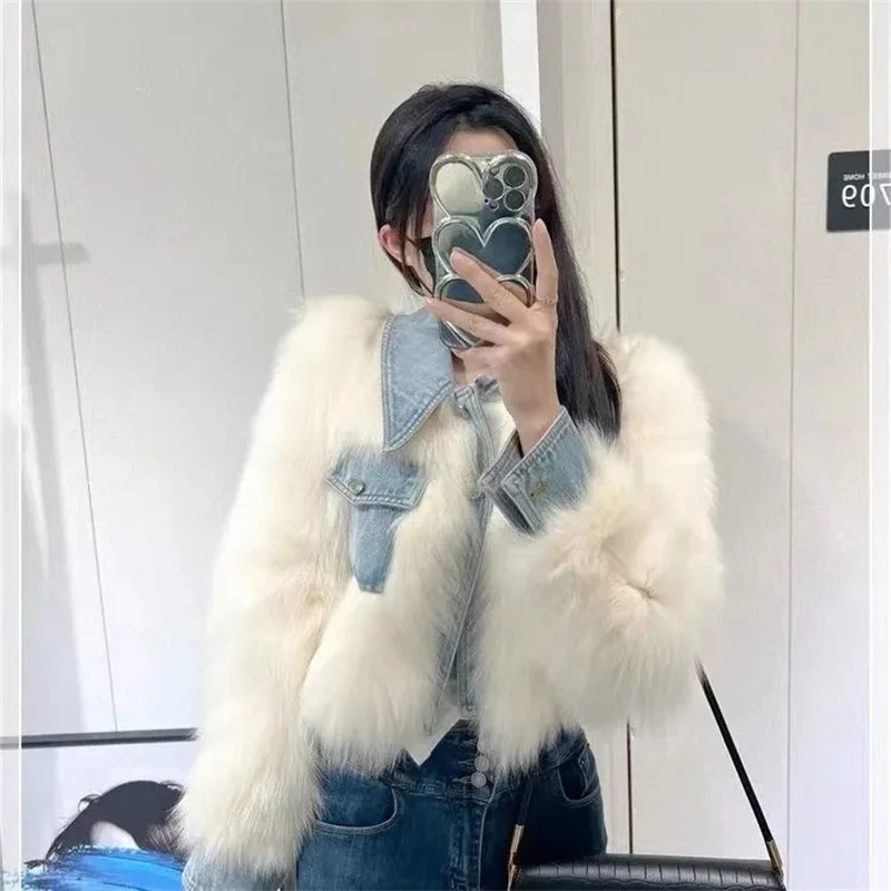 New Women's fur Coat Denim Stitching Mao Mao Short Coat Faux fur and Cotton Padded Women's Winter High Waist Fashion Short Coat