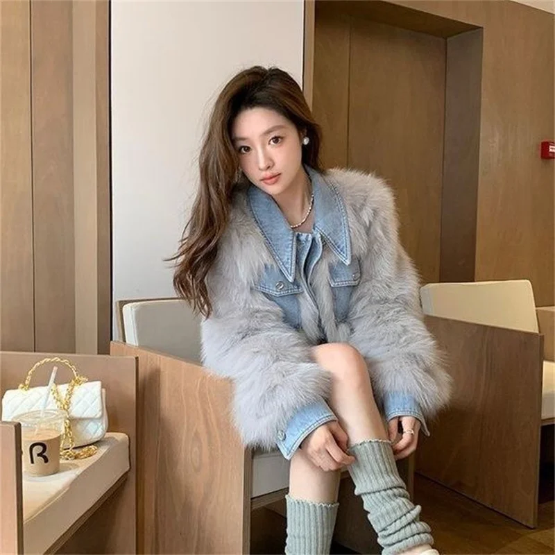 New Women's fur Coat Denim Stitching Mao Mao Short Coat Faux fur and Cotton Padded Women's Winter High Waist Fashion Short Coat