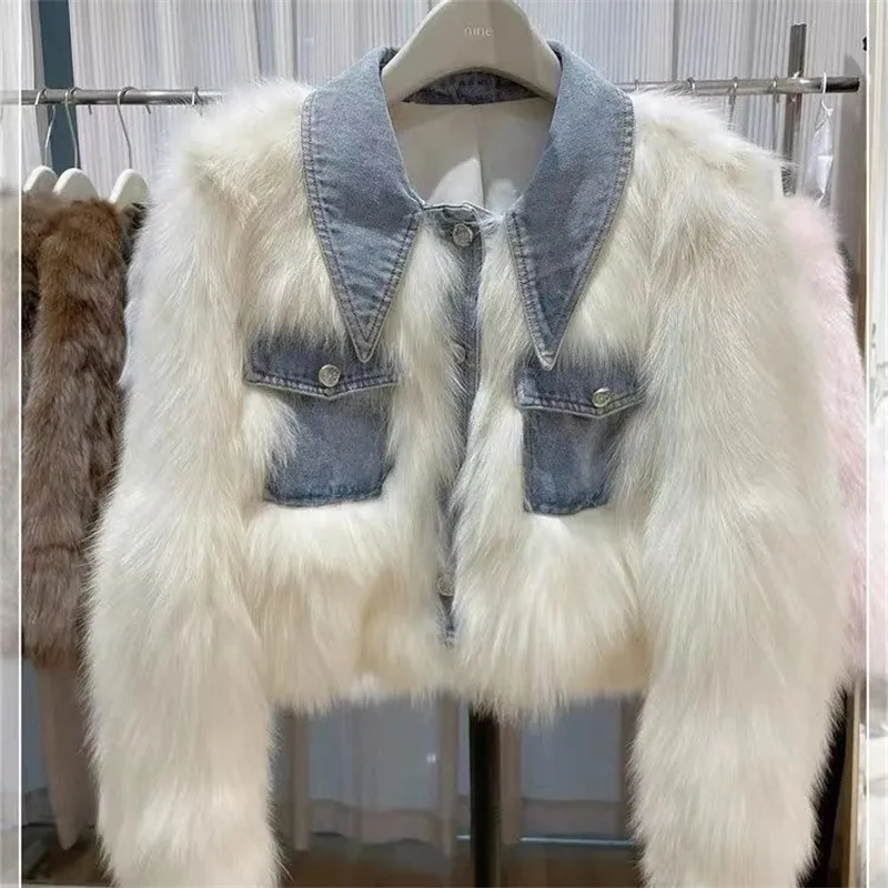 New Women's fur Coat Denim Stitching Mao Mao Short Coat Faux fur and Cotton Padded Women's Winter High Waist Fashion Short Coat