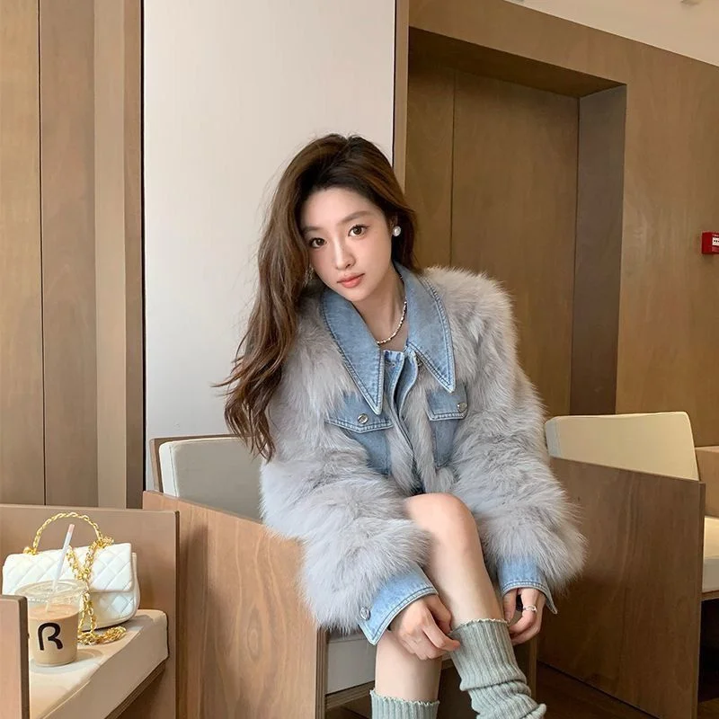 New Women's fur Coat Denim Stitching Mao Mao Short Coat Faux fur and Cotton Padded Women's Winter High Waist Fashion Short Coat
