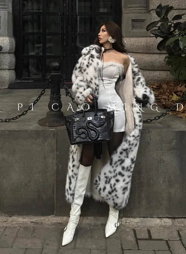 Women's faux fur coat bobcat print imitation fox fur thick long leopard print fur coat