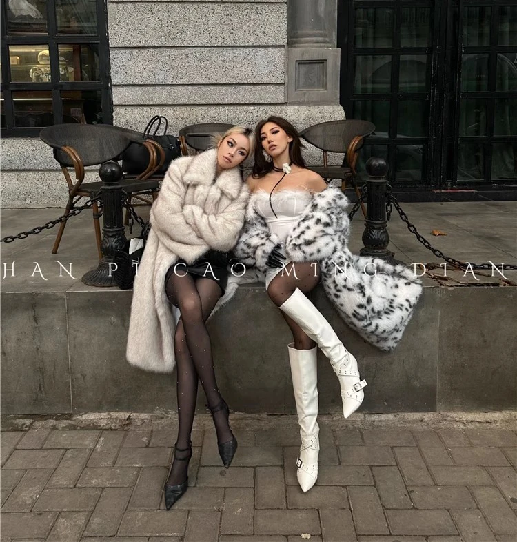 Women's faux fur coat bobcat print imitation fox fur thick long leopard print fur coat