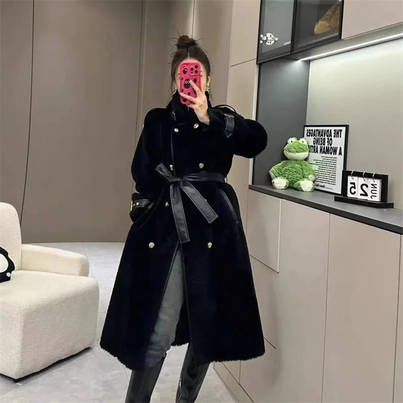 Women Winter Long Fur Coat High-end Fashion Temperament New Double Breasted Fluffy Windbreaker Thicken Warm Fur Jacket Outwear