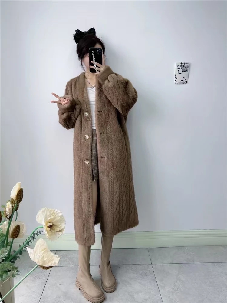 Women Fur Cardigan Thickened Long2025Spring And Autumn V-neck Jacket Female Loose Simple Leisure With Buttons Faux Fur Mink Coat