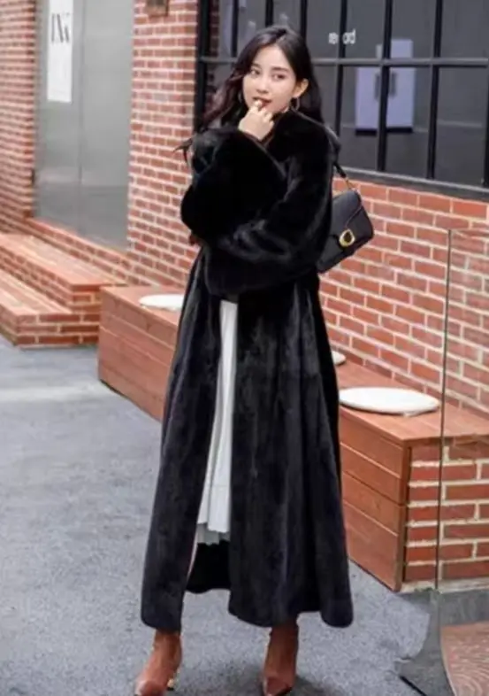 Women Thick Maxi Jacket Y2k Autumn Winter Belt Faux Fur Maxi Coat Long Warm Luxury Belt Fur Black Parkas Bontjas Furry Outerwear